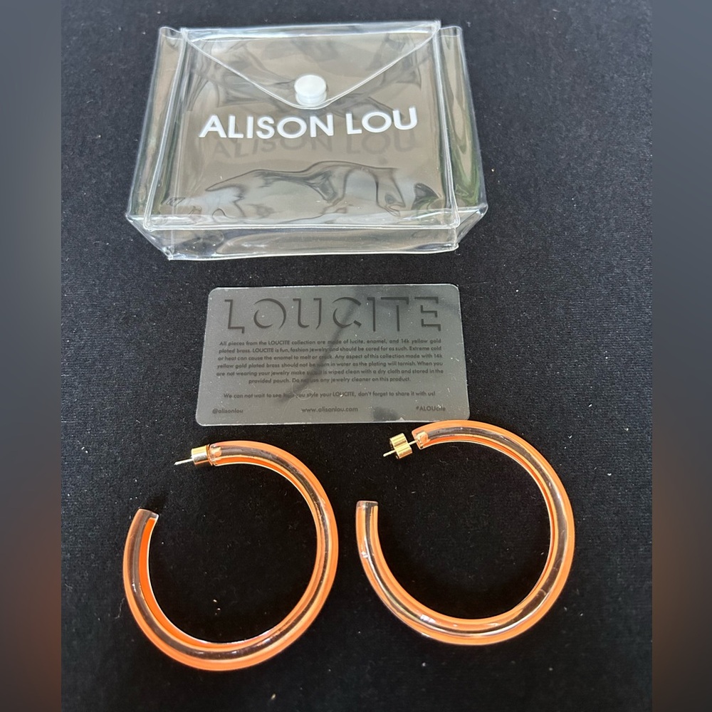 ALISON LOU, LOUCITE Collection, Hoop Earrings, Coral, Medium, Brand New